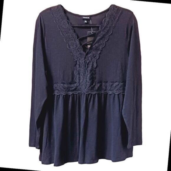 TORRID PLUS SIZE Black Babydoll Super Soft V-Neck Lace-up Lace Trim Top. 2X - Picture 2 of 16